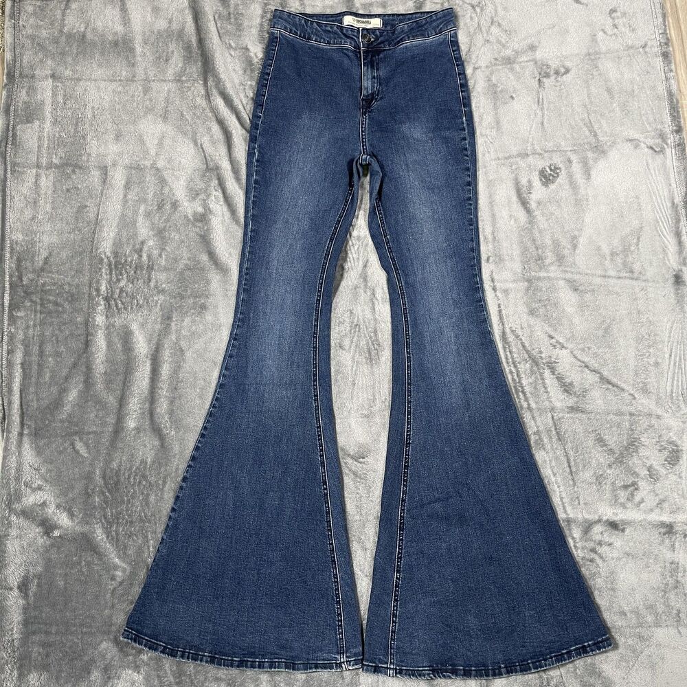 Rock & Roll Denim Bargain Button Bell Jeans Womens 27 Blue Dark Wash Flared